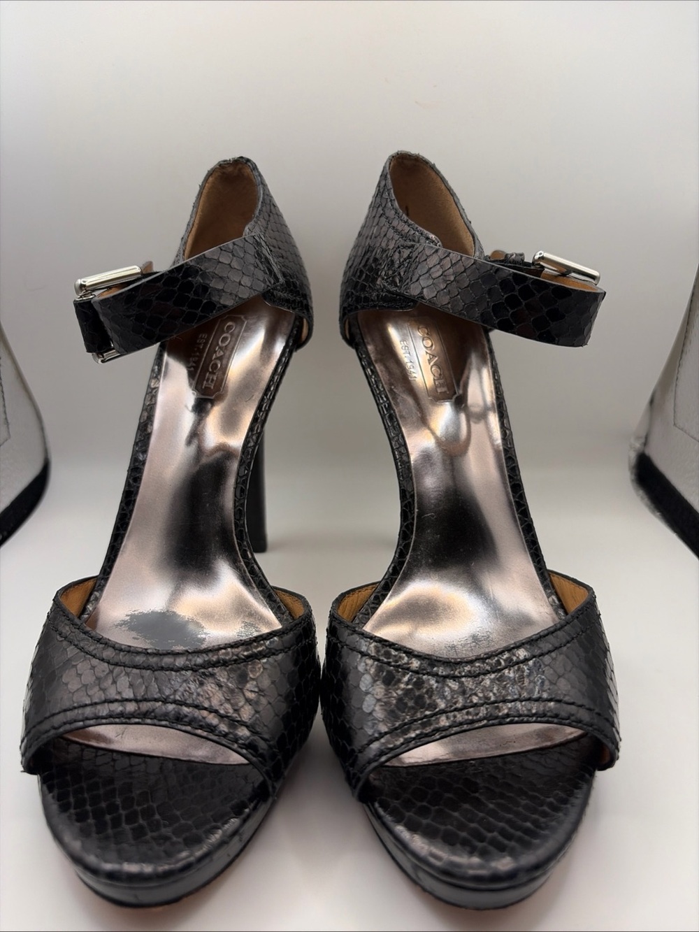 Coach Black Snakeskin Ankle-Strap Platform Heels